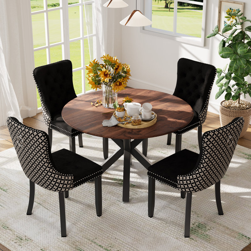 Ensemble de table et chaises de cuisine rondes pour 4, Noir, noir, noir, noir, Brun