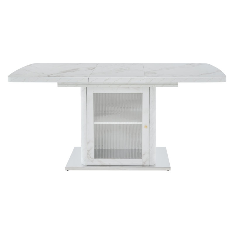 Table de salle à manger moderne carrée avec pieds de rangement et base en métal, Blanc