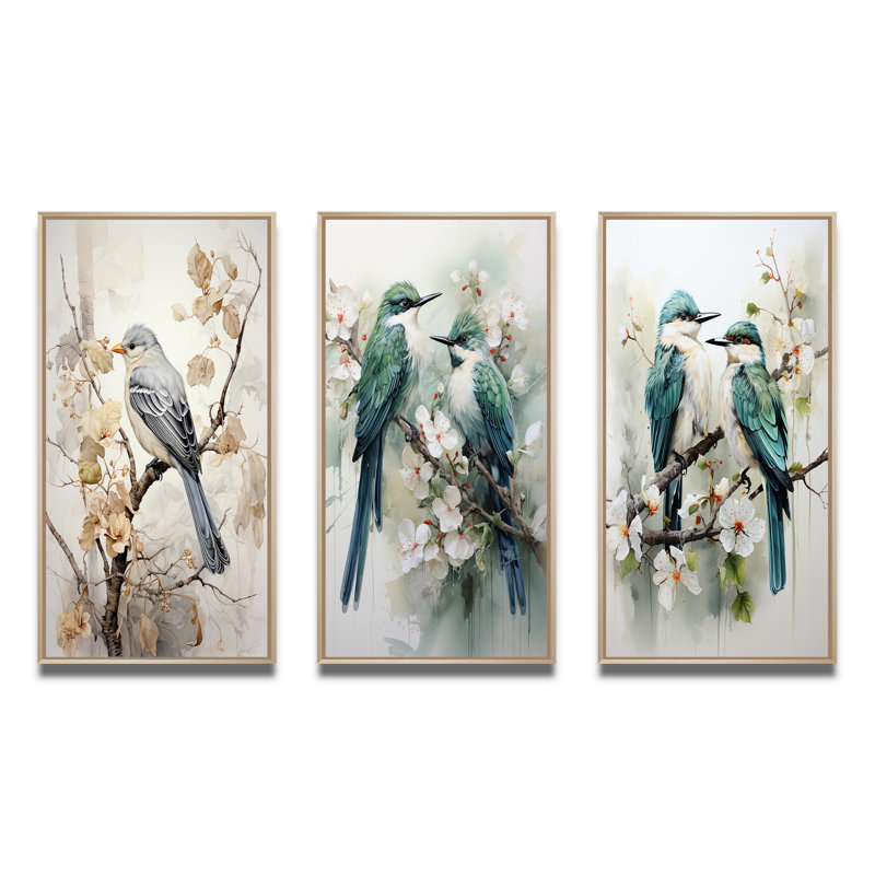 «Bird Silent Watcher», 3 pièces sur toile, H 32 po x l 48 po, Encadré naturel