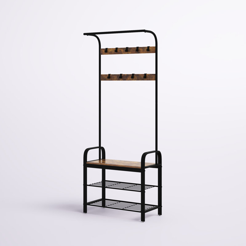 Hall Tree 28.3'' Wide with Bench and Shoe Storage, Rustic Brown/Black