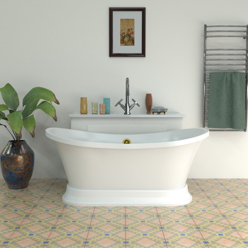 60" Streamline Freestanding Soaking Acrylic Bathtub With Drain and Bamboo Tray, Brushed Gold