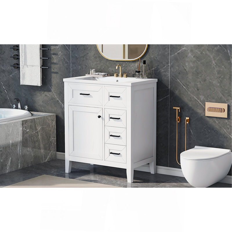 Ensemble de meuble-lavabo 30 po avec lavabo, armoire de salle de bain blanche avec tiroirs, structure solide et panneau de fibres à densité moyenne