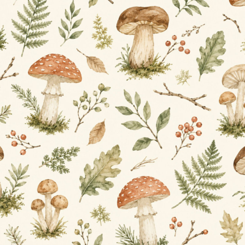 Papier peint adhésif auto-adhésif amovible de style champignon avec champignon fougère botanique champignon