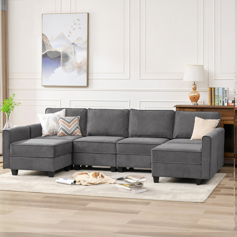 Canapé modulaire en velours en U avec sièges de rangement, Velours gris