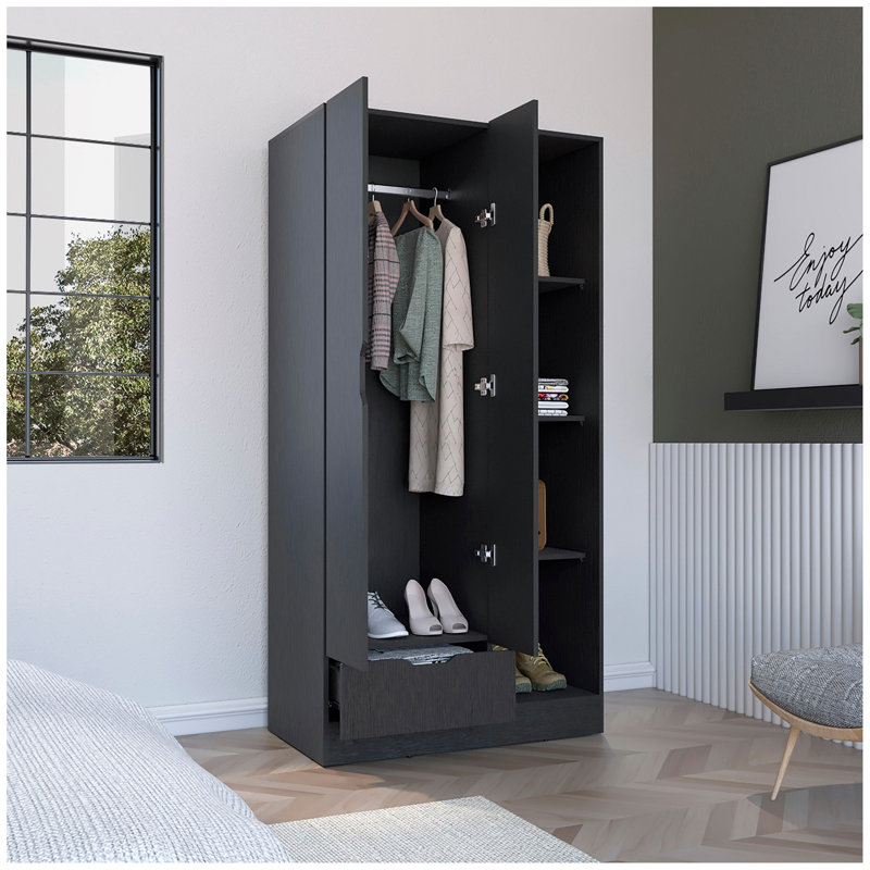 Armoire 71H "avec 1 tiroir et 4 tablettes ouvertes à 2 niveaux, 2 portes, Noir