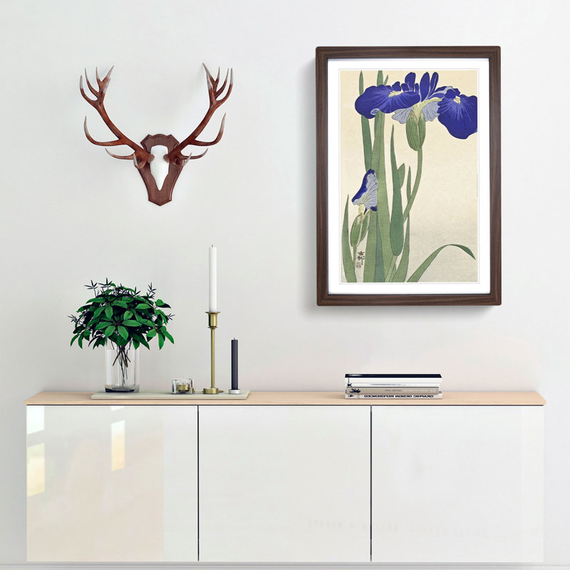 Blue Irises by Ohara Koson - Picture Frame Art Print, 48cm H x 36cm W x 2cm D, Walnut Framed