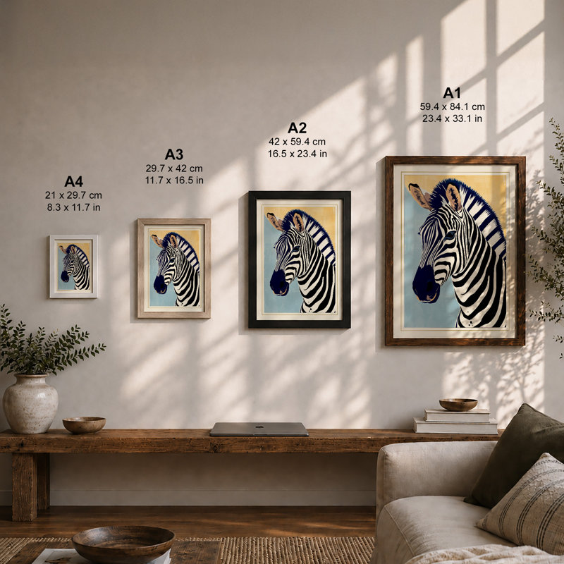 Zebra in Profile Minimalist - Framed Print, A3 - 42.0 x 29.7 cm, Black