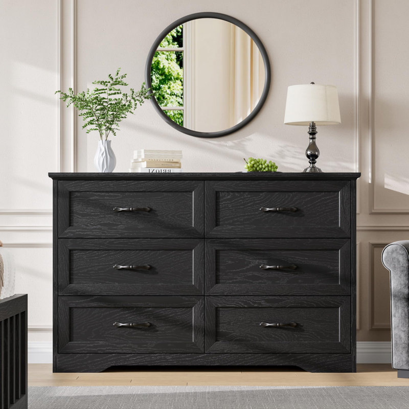 Commode 6 tiroirs pour chambre à coucher, commode avec poignée large en métal, commode moderne en bois de style campagnard