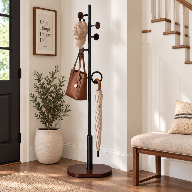 Freestanding Coat Rack Solid Wooden Base Coat Tree (Black)