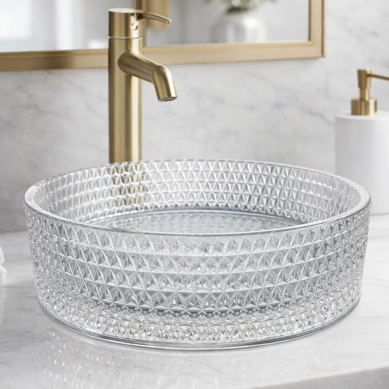 Lavabo de salle de bain vasque ronde en verre trempé transparent de 16 po avec design en verre texturé Scotch - Collection Timeless