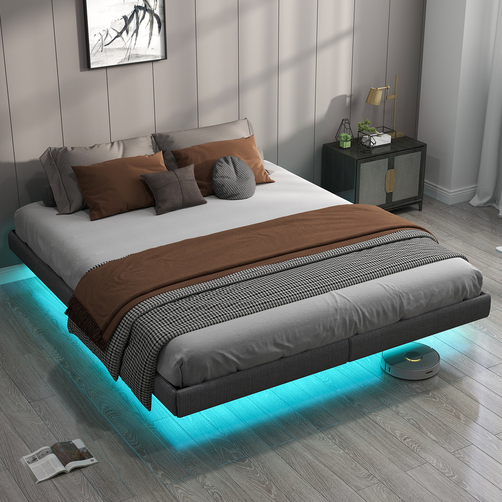 Floating Spring Frame Wrought Studio Floating Bed Frame with LED Lights, Metal Bed Frame, No ...