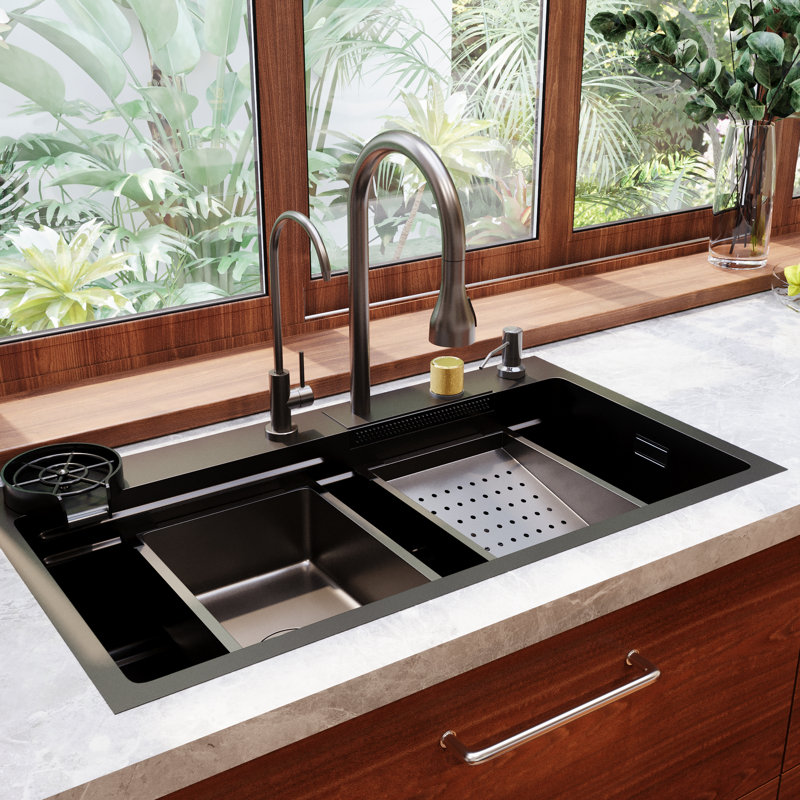 31.5" x 18" Drop-in Single Bowl DeerValley 304 Stainless Steel Polished Black Kitchen Sink Workstation with Accessories