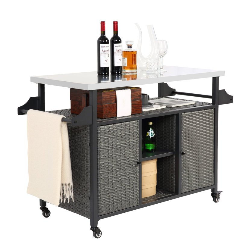 Large Outdoor Wicker Kitchen Island Cart With Stainless Steel Top, Wheels, And Ample Storage For Durable Use