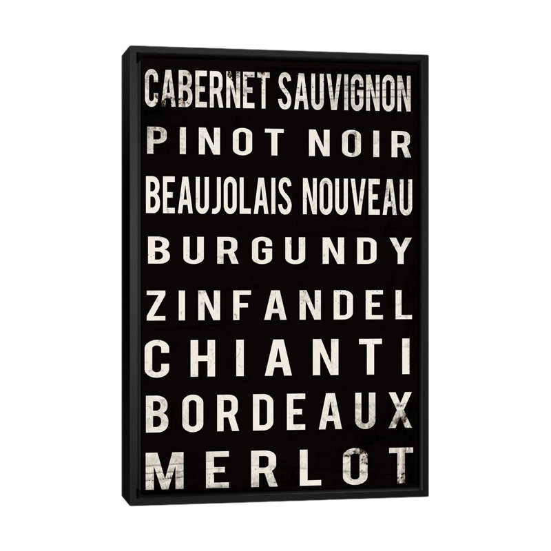 «Wine», art textuel sur toile, H 26 po x l 18 po x P 1,5 po, Toile avec cadre noir, Pas de tapis