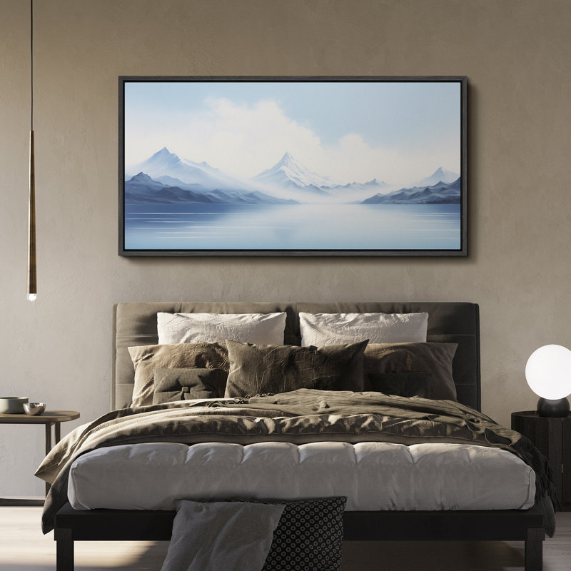 Tranquil Mountain Peaks Blue Landscape Vintage Inspired Stripes, reproduction d'art sur toile, H 30 po x l 60 po