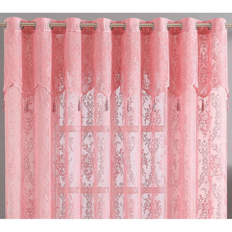 Natasa Sheer Patio Door Curtain Panel with Attached Valance and Tassels, Rose