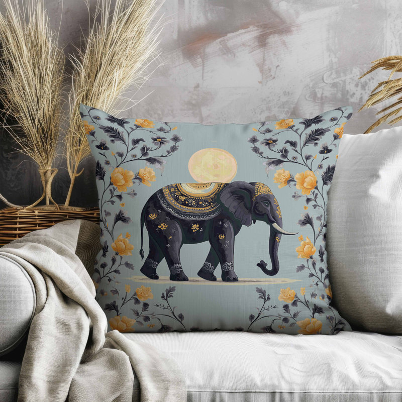 Oreiller en faux suède Moonbeam Elephant, Bleu / Vert / Jaune, Carré 16 po