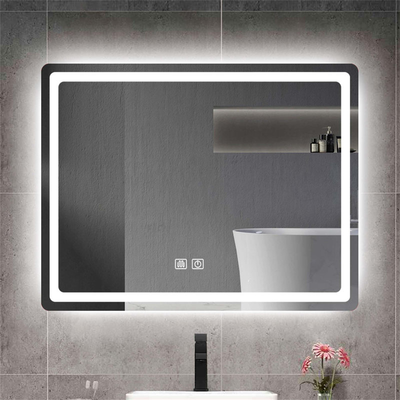 Miroir de salle de bain simple à DEL en cristal poli pour salle de bain, 23,62 po x 31,5 po, Blanc mat