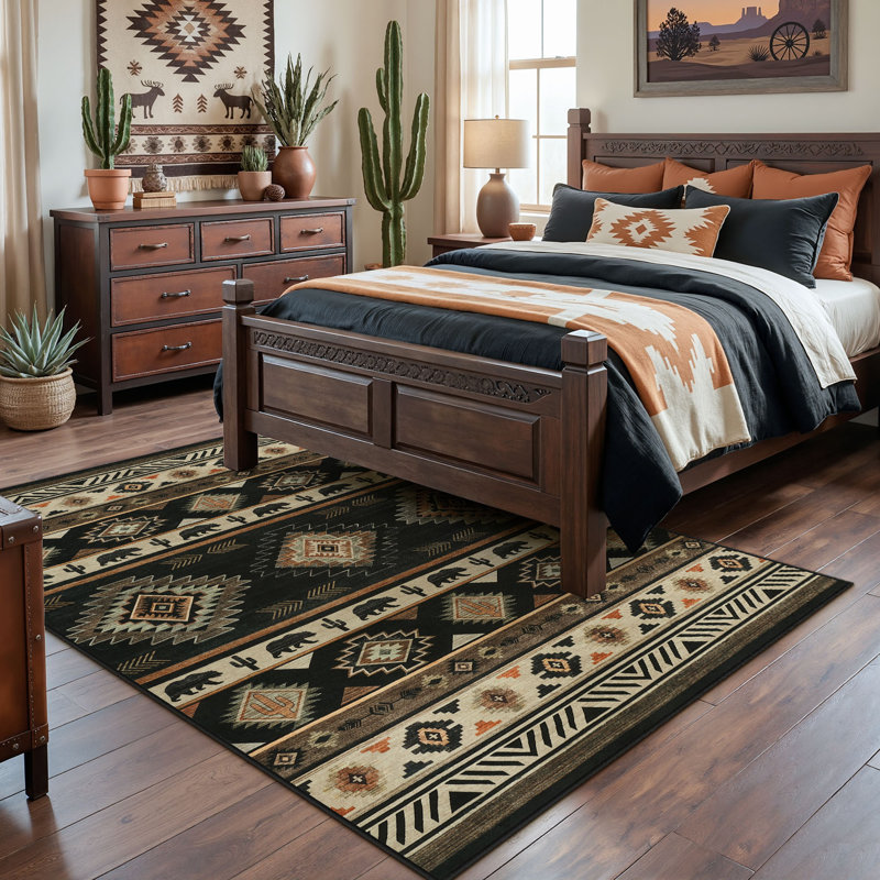Tapis de style Southwestern Bear Cactus, tapis tribal rustique à faible épaisseur lavable à la machine OEKO-TEX, Noir