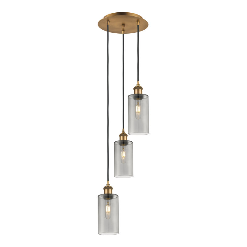 Caius - Luminaire suspendu suspendu à 3 lumières, Laiton brossé, H 132,88 po x l 12,63 po, Gris fumée clair