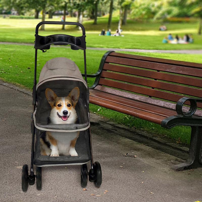 Foldable Gray Pet Stroller with Breathable Mesh for Small to Medium Dogs