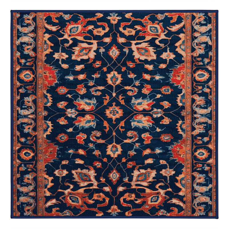 Tapis bleu Tabriz lavable à la machine, Carré 4 pi