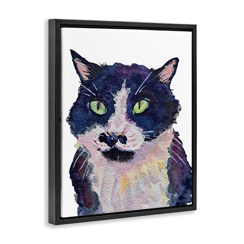 Cadre flottant, peinture de chat Tuxedo, conception de Tatiana Roberts, H 31 po x l 25 po, Cadre flottant noir de jais