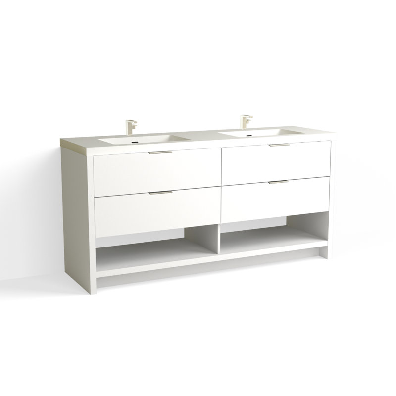 Vue 72" W Freestanding Double Bathroom Vanity, Matte White/Single, Polished Nickel, White Nanomatte