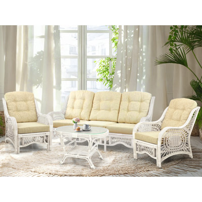 Malibu Lounge Set Of 4: 2 Natural Rattan Wicker Chairs, Three-Seater Sofa With Cushions And Coffee Table With Glass Handmade