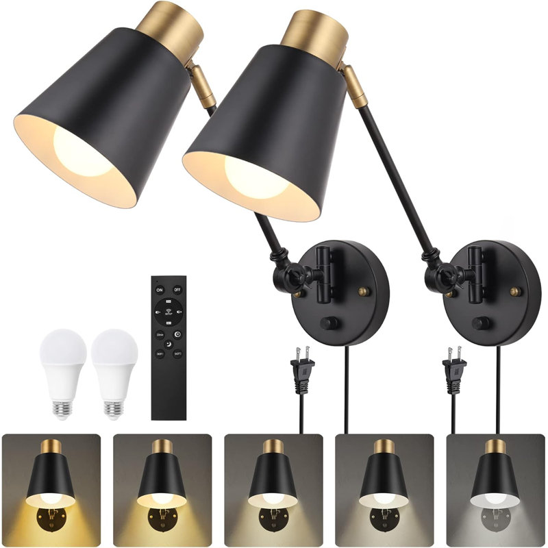 Remote Control Wall Sconces With Adjustable Color Temperature & Brightness, Swing Arm Design, Timer & Night Light, Hardwire Or Plug-In, Bulbs Included