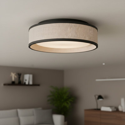 Fabrise 15in LED Flush Mount 5-CCT 2700-3000-3500-4000-5000K Selectable Colour Temperature 36W 1,550 Lumens with Linen Fabric Shade in Black