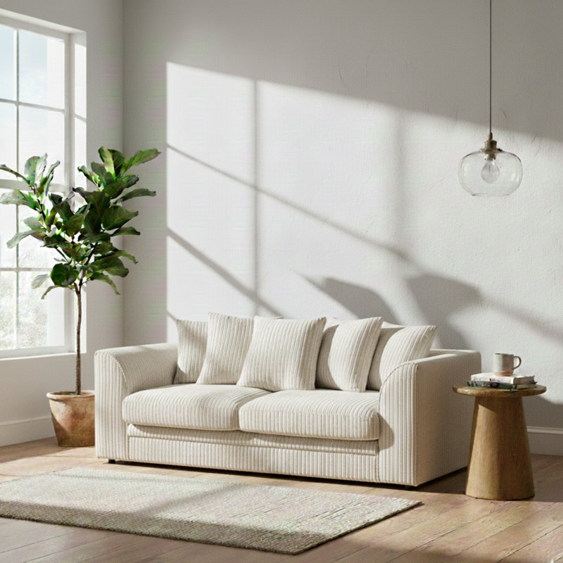3 Seater Corduroy Sofa, Cream, 90cm H x 190cm W x 90cm D