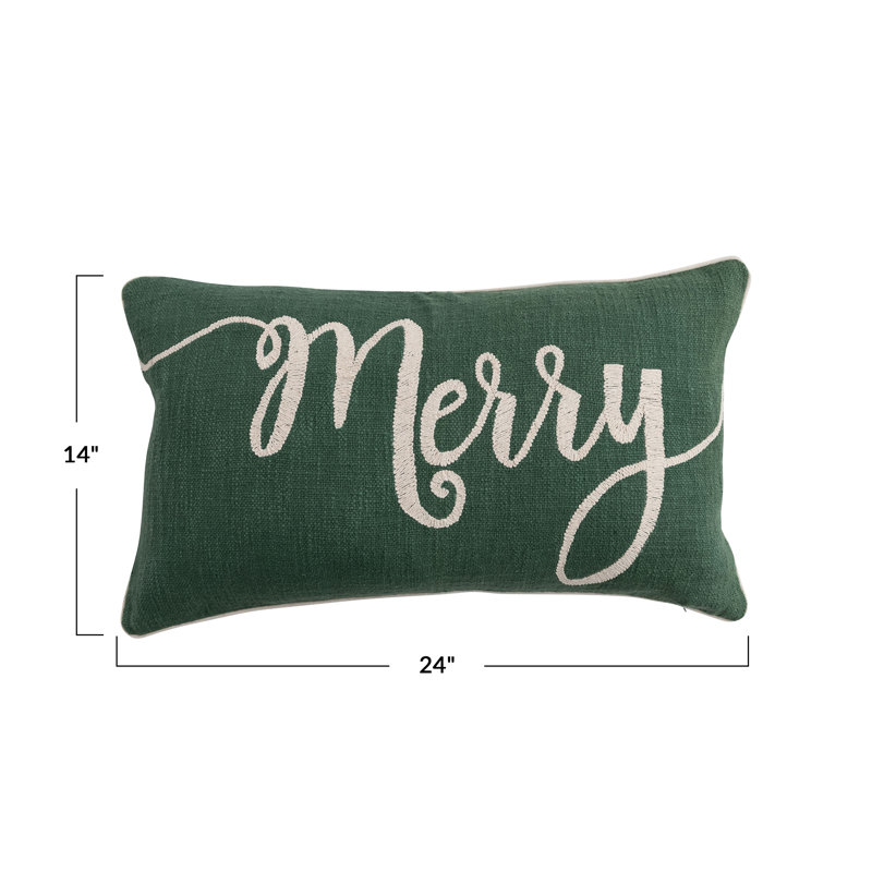 Cotton Slub Lumbar Pillow With Embroidered "Merry", Polyester, Rectangle 14"H x 24"W, Green Christmas 1