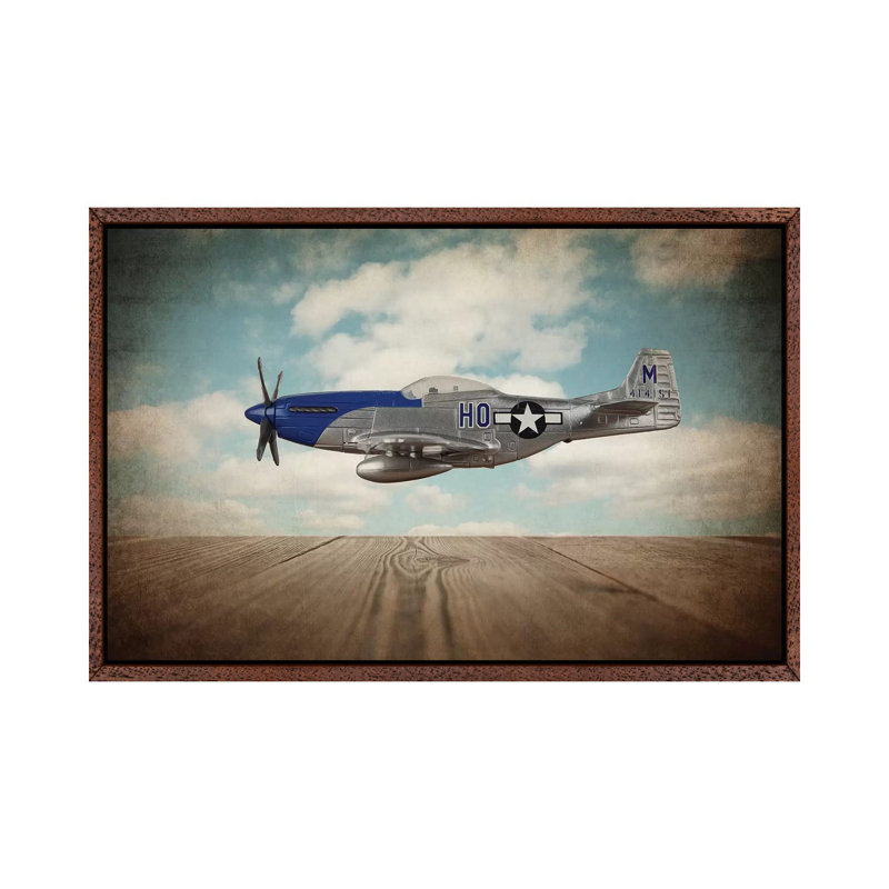 P51 Mustang - Print on Canvas, 101.6 cm H x 66.04 cm W, Classic Brown Wood Framed
