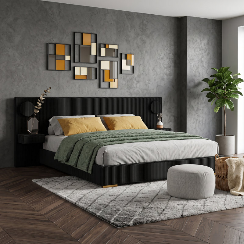 Lit plateforme tapissier avec lumières DEL, ports de chargement et tiroirs, King, Black