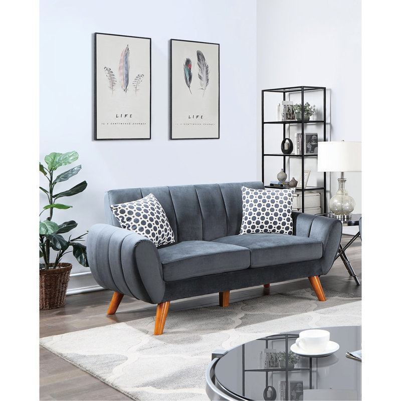 Velours moderne gris foncé 2: canapé rembourré et 2 coussins de salon contemporains courbés, Gris foncé