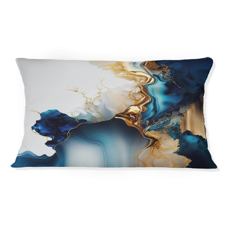 Géode abstraite or et marbre bleu I - Coussin abstrait en marbre imprimé, H 12 po x l 20 po, Rectangulaire