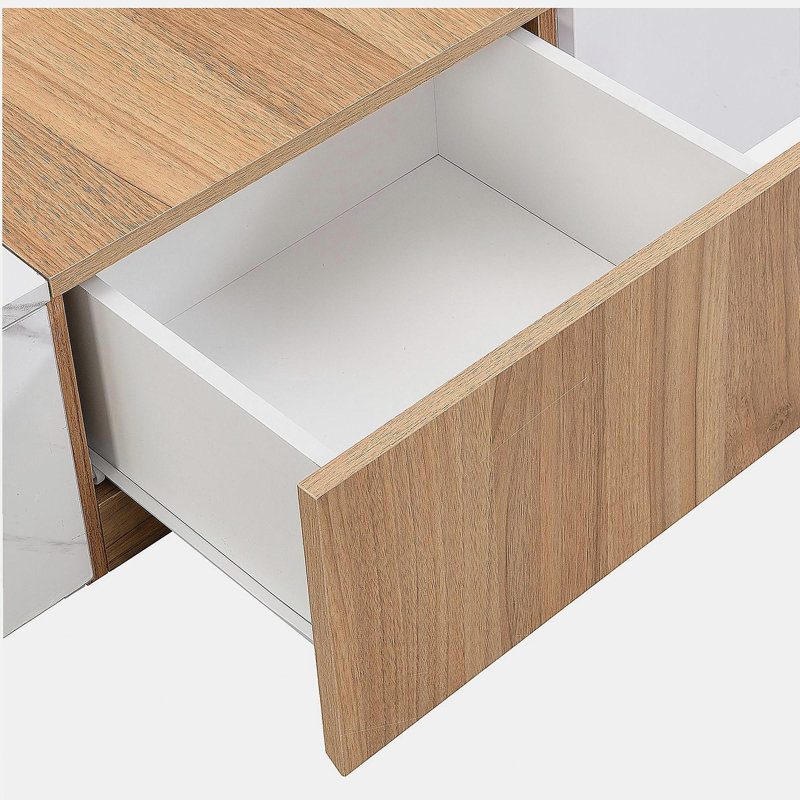 Marble Wood Grain TV Stand, Suitable for TVs Under 88 Inches, Modern Modular Entertainment Center, with 4 Storage Drawers, for Living Room, White