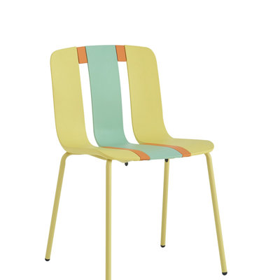 Ensemble de 4 chaises de salle à manger modernes à rayures de couleur, siège intérieur / extérieur en plastique PP avec pieds en métal robustes pour le salon, le balcon, le café et la terrasse, jaune, orange, vert