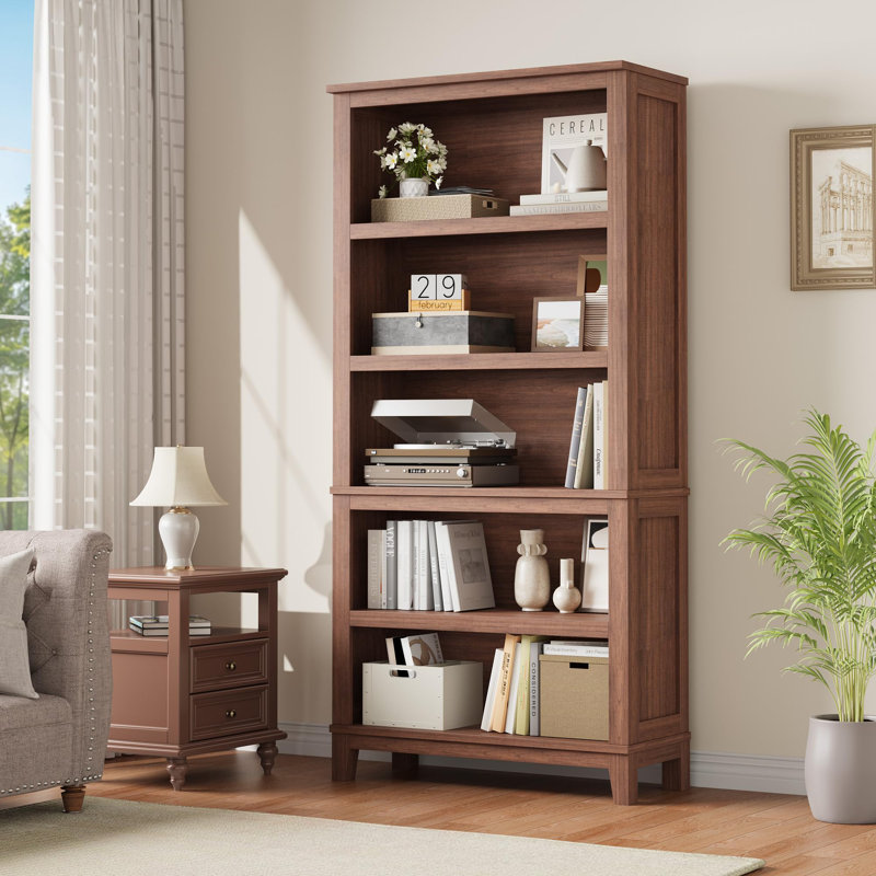 71 in Tall Bookcase w/Adjustable Shelves & 31.5 in Width, 5 Tier Farmhouse Bookshelf with Wooden Legs, Brown