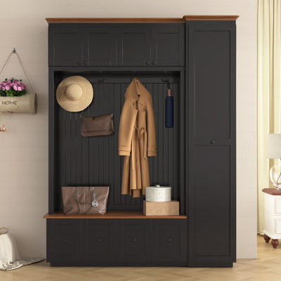 4-Door Entryway Hall Tree with Storage Bench with Cabinet, Open Cubbies & Drawers, Mudroom Organizer with Hanging Hooks