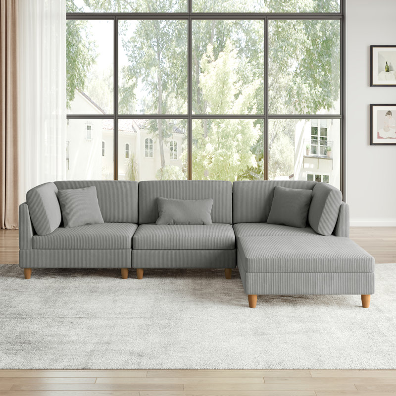 Seemab 4-Piece L-Shaped Upholstered Modular Corner Sectional with Removable Ottoman, Light Gray Corduroy