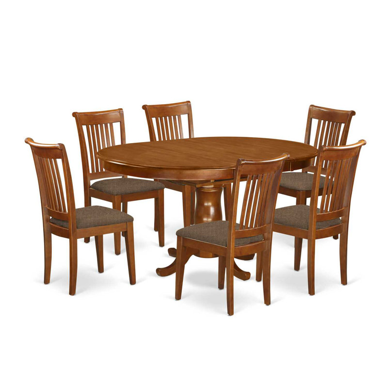 7 Piece Dining Table Set Consist of an Oval Dining Room Table with Butterfly Leaf and 6 Linen Fabric Chairs, Saddle Brown