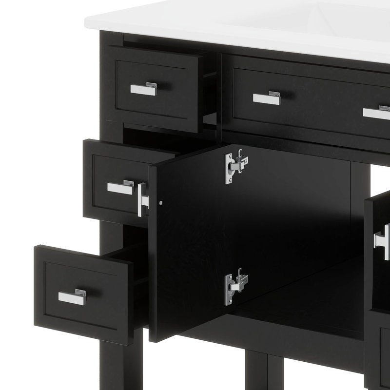 Meuble-lavabo 36 po avec lavabo supérieur, armoire de rangement pour salle de bain avec 2 portes à fermeture douce et 6 tiroirs