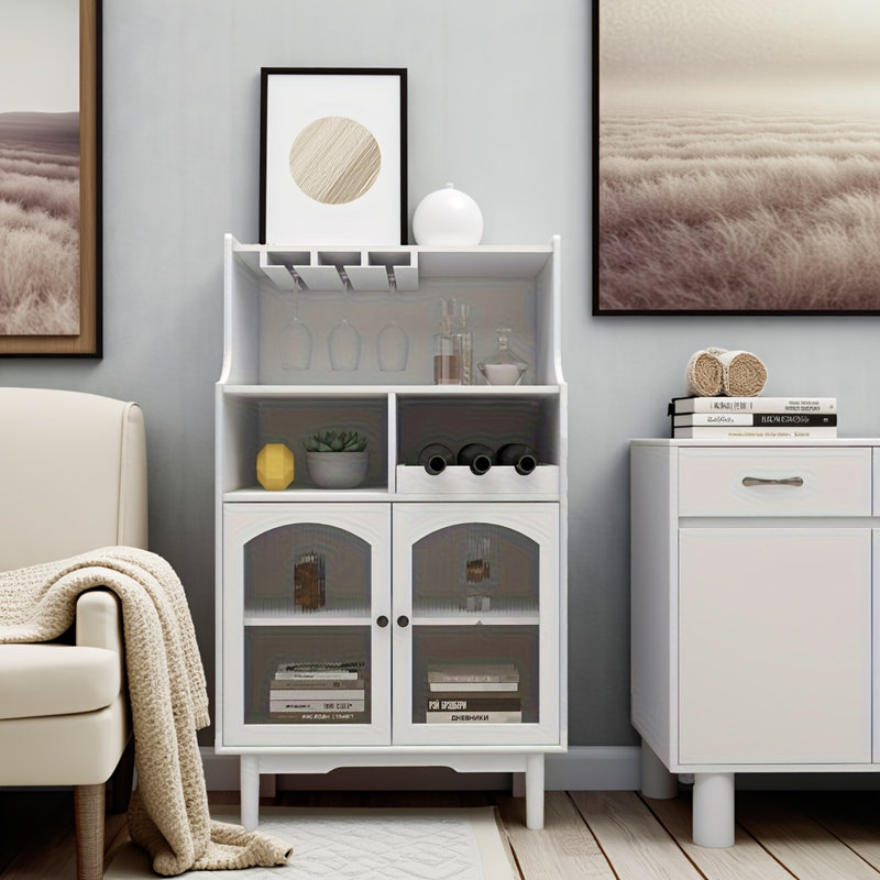Armoire à vin blanche avec porte-bouteilles amovible et porte-verres