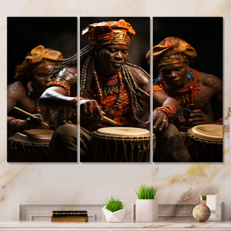 Tambours africain rythmique II - ensemble de décoration murale africaine, H 40 po x l 60 po x P 1 po