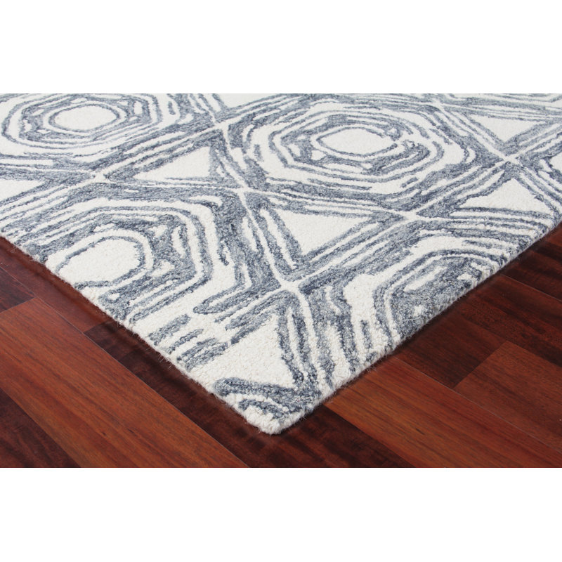 Caprice Wool Geometric Area Rug, Rectangle 5' x 8', Ivory/Dark Blue
