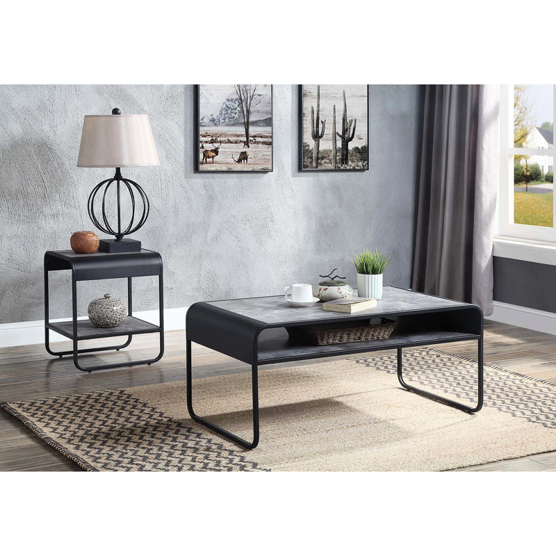 Table basse de style industriel moderne avec structure en métal, finition grise et tablette ouverte pour la structure de rangement rectangulaire noire