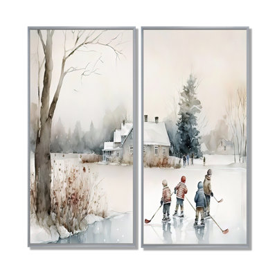 Enfants jouant au hockey en hiver II - 2 reproductions d'art moderne sur toile