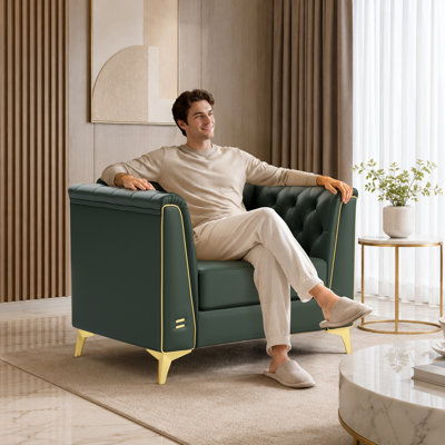 Canapé Chesterfield modulaire léger de luxe 1 place, canapé en similicuir avec capitonnage à boutons fait à la main, accoudoirs garnis de métal et pieds minces en métal, comprend 1 oreiller pour le salon, l’appartement